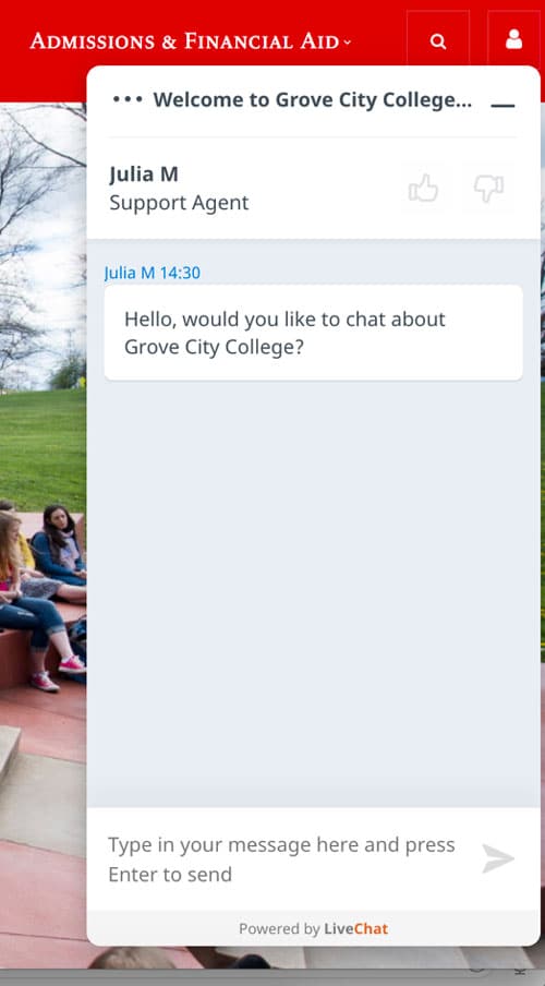 On Grove City College’s homepage, a proactive chat pops up within seconds of the visitor landing there.